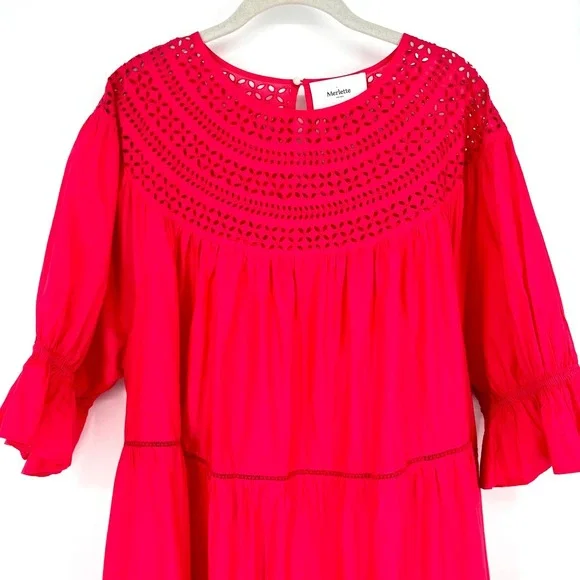 Merlette NY Paradis Eyelet Tiered Midi Dress Sz XXL Pink 100% Cotton Puff Sleeve
